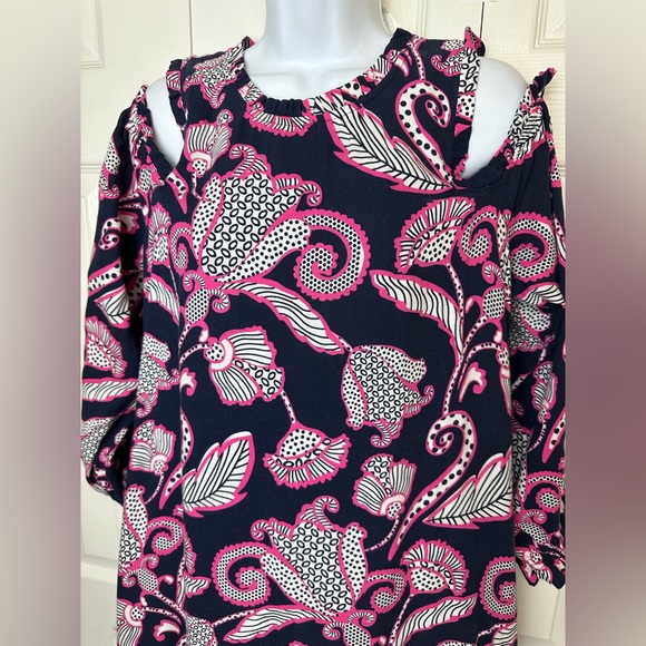 CROWN & IVY Ruffle Neck Cold Shoulder Dress Navy Blue Pink White Floral Paisley - Picture 6 of 13